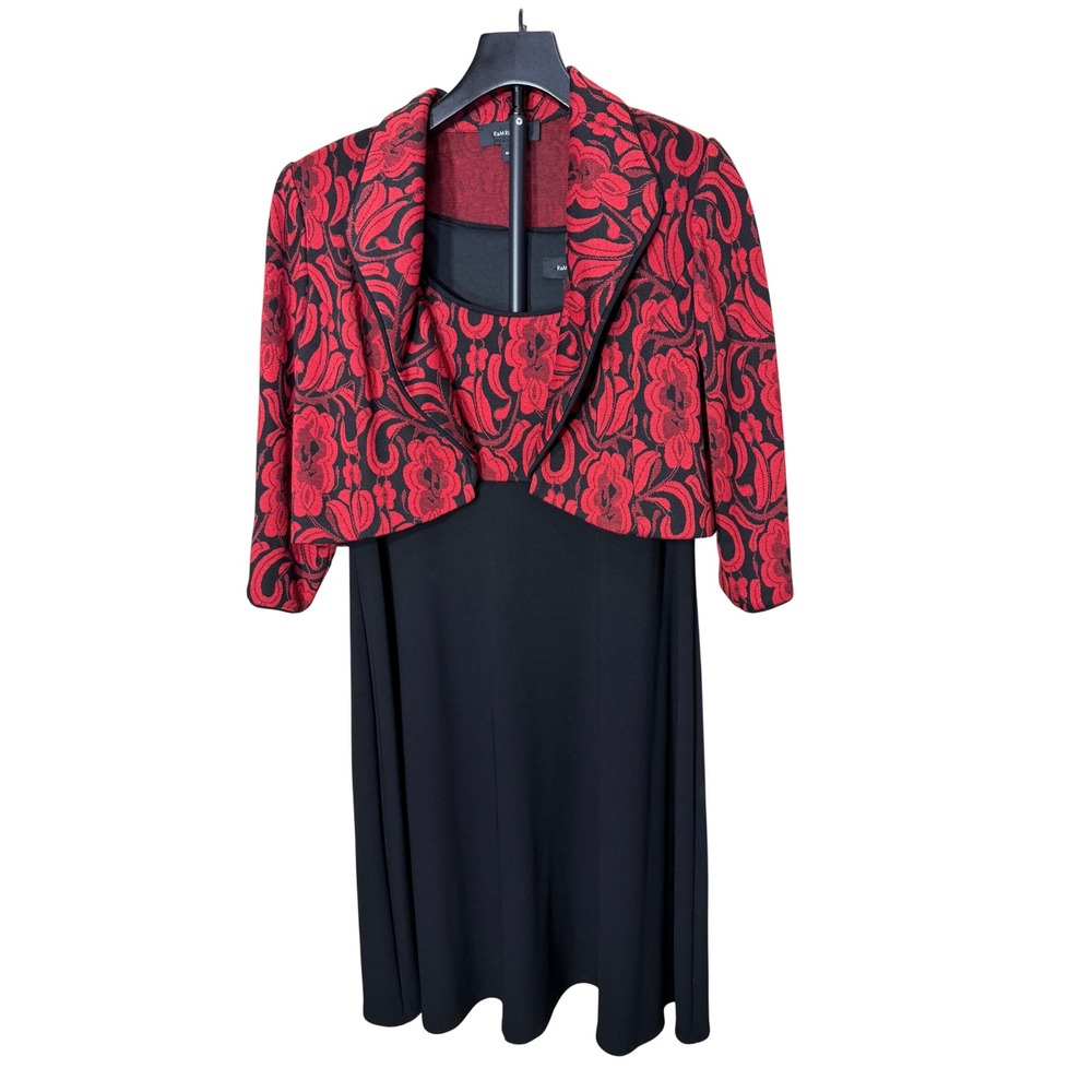 R&M Richards Womens Red Black Floral Dress and Jacket Set Size 12 USA